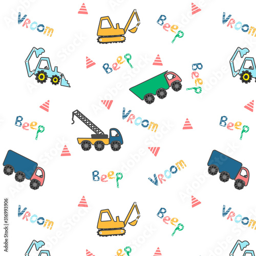 Seamless pattern with different cute toy cars.