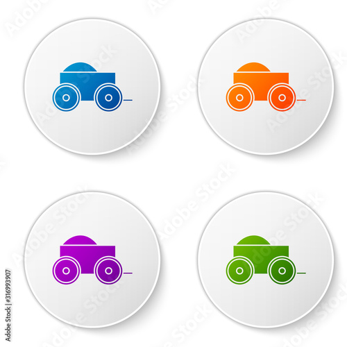 Color Wooden four-wheel cart with hay icon isolated on white background. Set icons in circle buttons. Vector Illustration