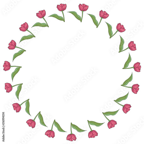 Fototapeta Naklejka Na Ścianę i Meble -  Round frame with vertical blooming pink tulips on white background. Isolated frame of flowers for your design.
