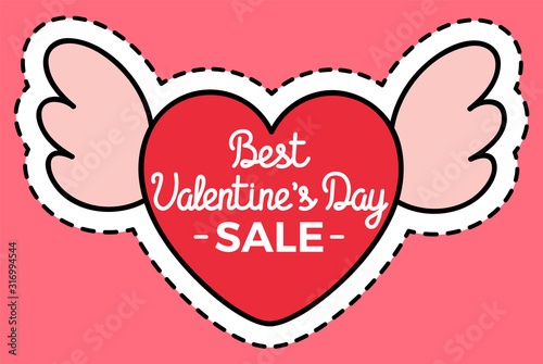 Best Valentines Day sale porter in shape of heart with wings. Shopping promotion on romantic holiday label with path. Poster with outline in pink color. Advertising promo on Valentine day vector