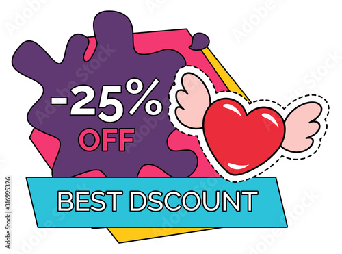 Best discount on sale with big offer for valentines day. Promotion poster with colorful stickers and heart sign. February holiday for lovers to buy gifts. Vector illustration of advert in flat style