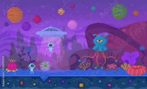 Pixelated game with aliens and space. Arcade with characters exploring cosmos and planets. People in costumes fighting monsters. Spaceship of personages and futuristic location video-game vector pixel