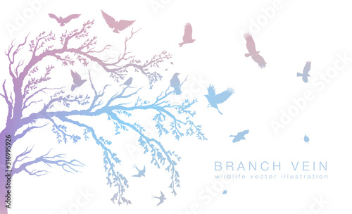figure set multicolored flock of flying birds on tree branch