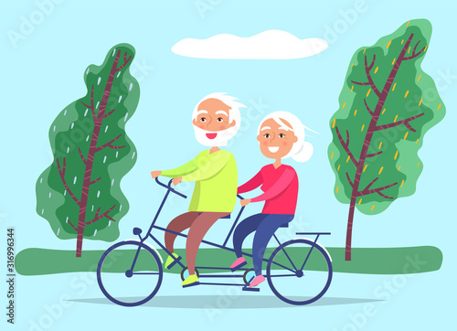 Elderly couple riding twin or tandem bicycle in forest or lawn. Grandfather and grandmother spend time actively together. Grandparents on active date in park. Vector illustration in flat style