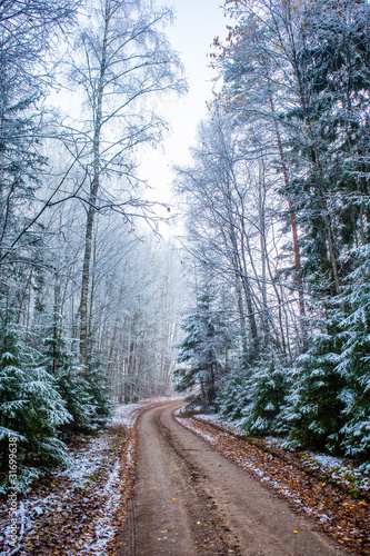 A beautiful scenery of a gravel road in the late autumn with first snow Fototapeta