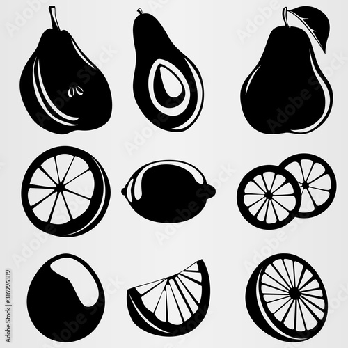 A set of stylistic images of pear, avocado, orange and lemon.