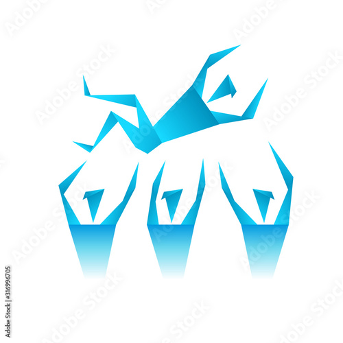Tossing in air winner. Origami man. Team celebrates victory. Throwing colleague up. Successful business award vector concept. Greetings from employees.