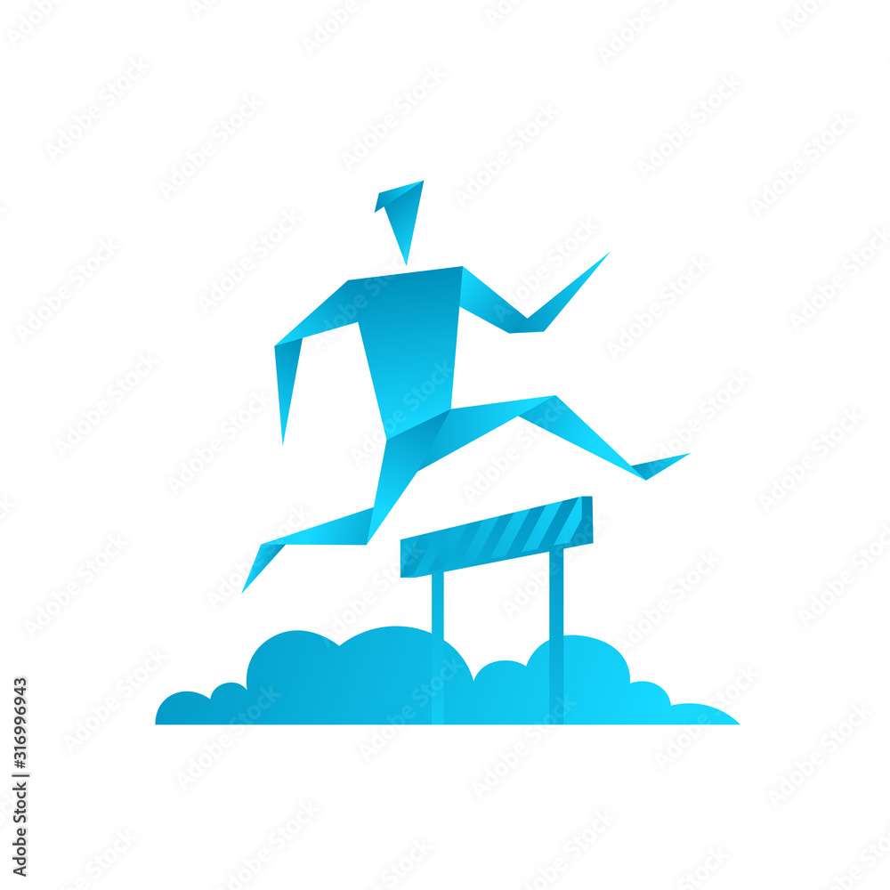 Vecteur Stock Origami man. Running with obstacles. Business competition.  Barrier jump athlete. Blue gradient. Flat vector. | Adobe Stock