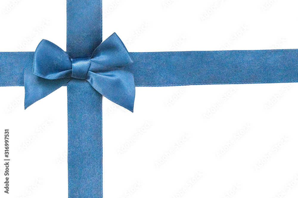 Bow with ribbon on white. Holiday background. Classic blue color. Copy space for text Bow with ribbon on white. Holiday background. Classic blue color. Copy space for text