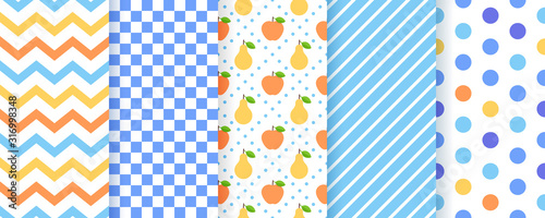 Scrapbook background. Vector. Seamless pattern for scrap design. Cute chic print with polka dot, stripe, zigzag, fruit, check. Trendy summer texture. Paper pack. Color illustration. Geometric backdrop
