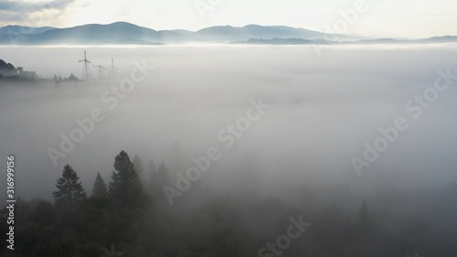 Aerial view of colorful mixed forest shrouded in morning fog on a beautiful autumn day