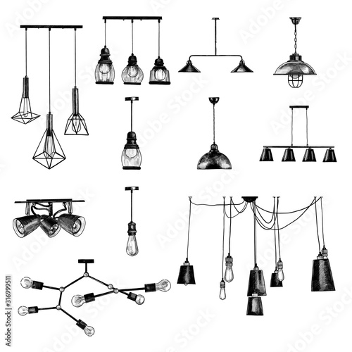 set of modern loft style ceiling lights, sketch vector graphics monochrome illustration on white background