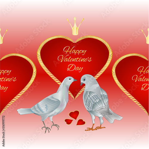 Horizontal border seamless background white pigeons  birds and hearts  place for text valentines red background vintage vector illustration editable hand draw 