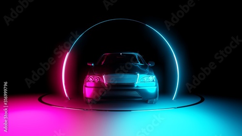 Car with neon light circle frames © cherezoff