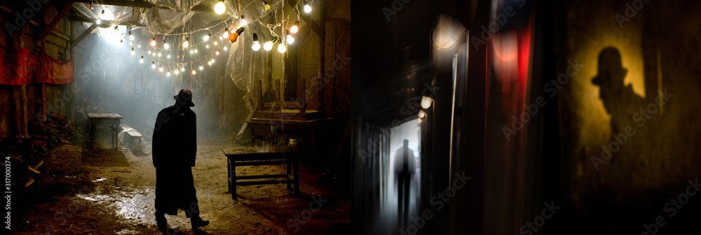 Φωτογραφία Silhouette of a man in a coat and hat in a dark alley on a rainy night