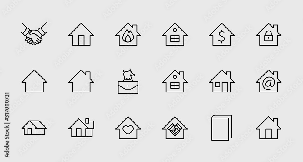 Set of House Vector Home Line Icons. Contains symbols of Conclusion of Contract, Heart, Drop of water, fire, money and more. Editable Stroke. 32x32 pixels.