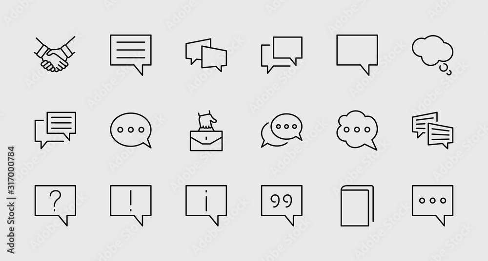 Set of Speech Bubble chat vector lines of icons. Editable Stroke. 32x32 pixels. - obrazy, fototapety, plakaty 