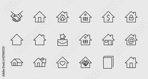 Set of House Vector Home Line Icons. Contains symbols of Conclusion of Contract, Heart, Drop of water, fire, money and more. Editable Stroke. 32x32 pixels.