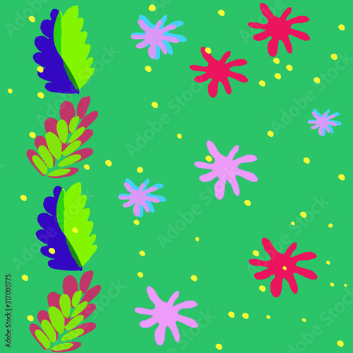 Seamless pattern endless texture with mysterious forest leaves flowers fireflies emerald background