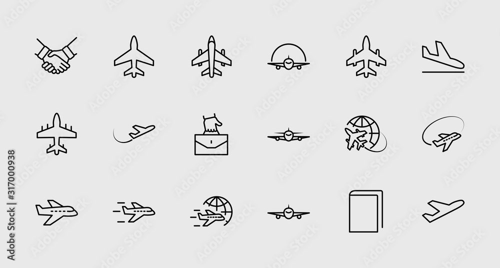 Set of Plane vector line icon. It contains symbols to aircraft, globe and more. Editable Stroke. 32x32 pixels. Set of Plane vector line icon. It contains symbols to aircraft, globe and more. Editable Stroke. 32x32 pixels.