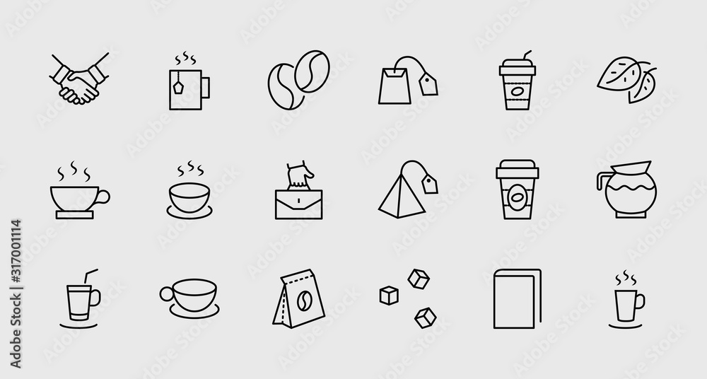 Fototapeta premium Set of Coffee and Tea Vector Line Icons. Contains such Icons as Cup of Tea, Teabags, Coffee beans and Green Tea Leaves, a pitcher of Water, Sugar Cubes and more. Editable Stroke. 32x32 Pixel Perfect
