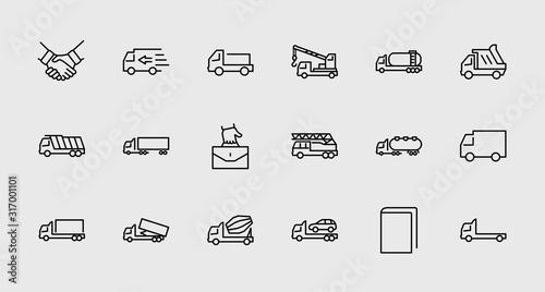Truck Set of Transport Vector Line Icons. Contains such Icons as Truck, Transportation, Tow Truck, Cranes, Mixer, Garbage Truck, Manipulators, Delivery service and more. Editable Stroke. 32x32 Pixel