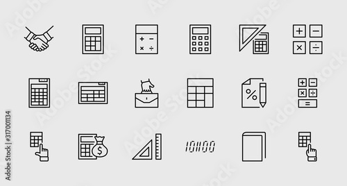 Set of Calculation Vector Line Icons. Contains such Icons as Calculator Icon, Pencil, Click, Money Bag, Percent symbol, Square and Ruler. Editable Stroke. 32x32 Pixel Perfect.