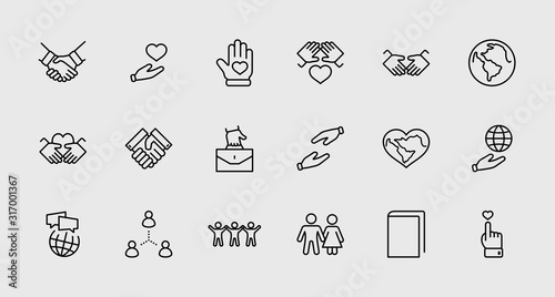 International Day of Human Solidarity Line Vector Icons Set. Contains such Icons as Handshake, Heart, planet Earth, helping Hand, People and more. Editable Stroke. 32x32 Pixel Perfect