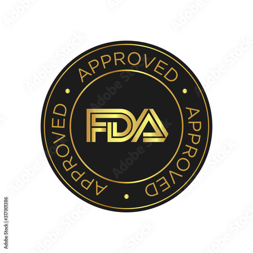 FDA Approved (Food and Drug Administration) icon, symbol, label, badge, logo, seal. Golden and black.