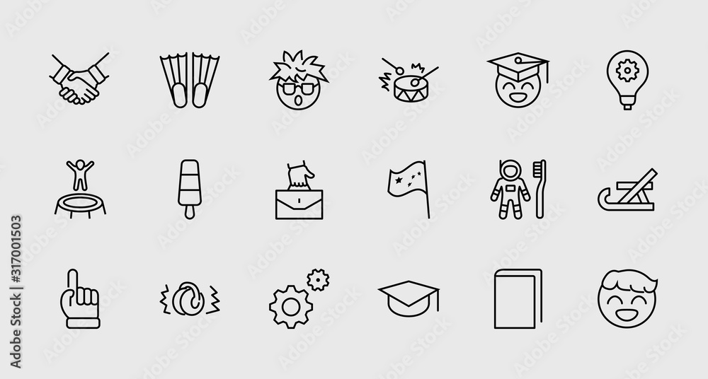 International World Day of Children's Inventions Set Line Vector Icon. Contains such Icons as Toothbrush astronauts, Trampoline, Flippers, Frozen juice, earmuffs. Editable Stroke. 32x32 Pixel Perfect