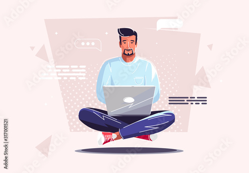 Vector illustration of a man sitting in a Lotus position, sitting at a laptop