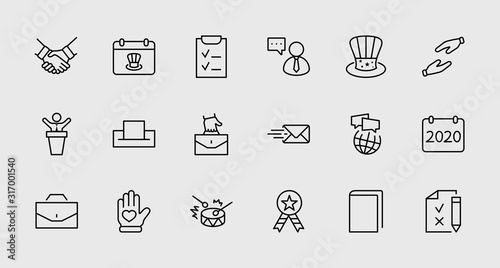 International Presidents Day Set Line Vector Icons. Contains such Icons as Hat, President, Voting, USA, Flag, Elections, Government, Ballot, Box, Check, Politics and more Editable Stroke 32x32 Pixels