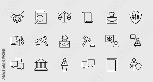 Set of Law and justice Vector Line Icons. Contains such Icons as weapon, arrest, authority, courthouse, gavel, legal, weapon and more. Editable stroke. 32x32 Pixels