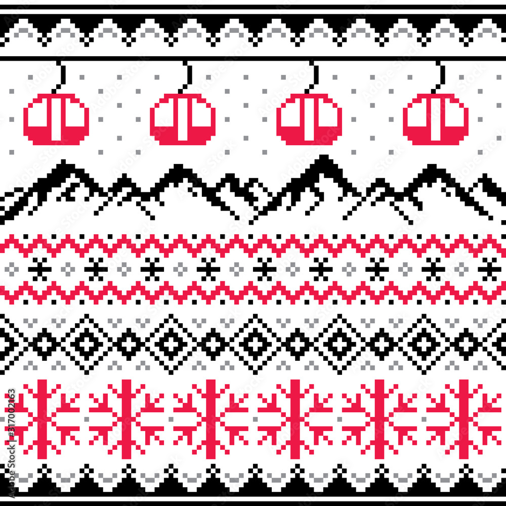 Winter sports in mountains, gondolas ski and snowboard vector seamless pattern -  Fair Isle style traditional knitwear
