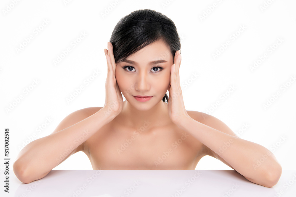Portrait beautiful young asian woman clean fresh bare skin concept. Asian girl beauty face skincare and health wellness, Facial treatment, Perfect skin, Natural make up, on white background,two Portrait beautiful young asian woman clean fresh bare skin concept. Asian girl beauty face skincare and health wellness, Facial treatment, Perfect skin, Natural make up, on white background,two