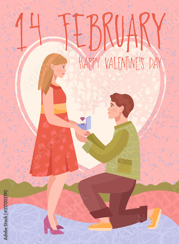 Romantic young Valentine proposing to his sweetheart on the 14th February down on bent knees with an engagement ring, vector card design