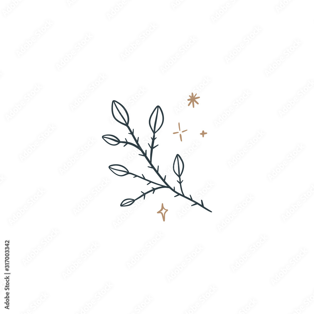 Hand Drawn Boho Minimalist Magical Logo Branch Plant Design Line Art Style Magic Dream Concept Vector