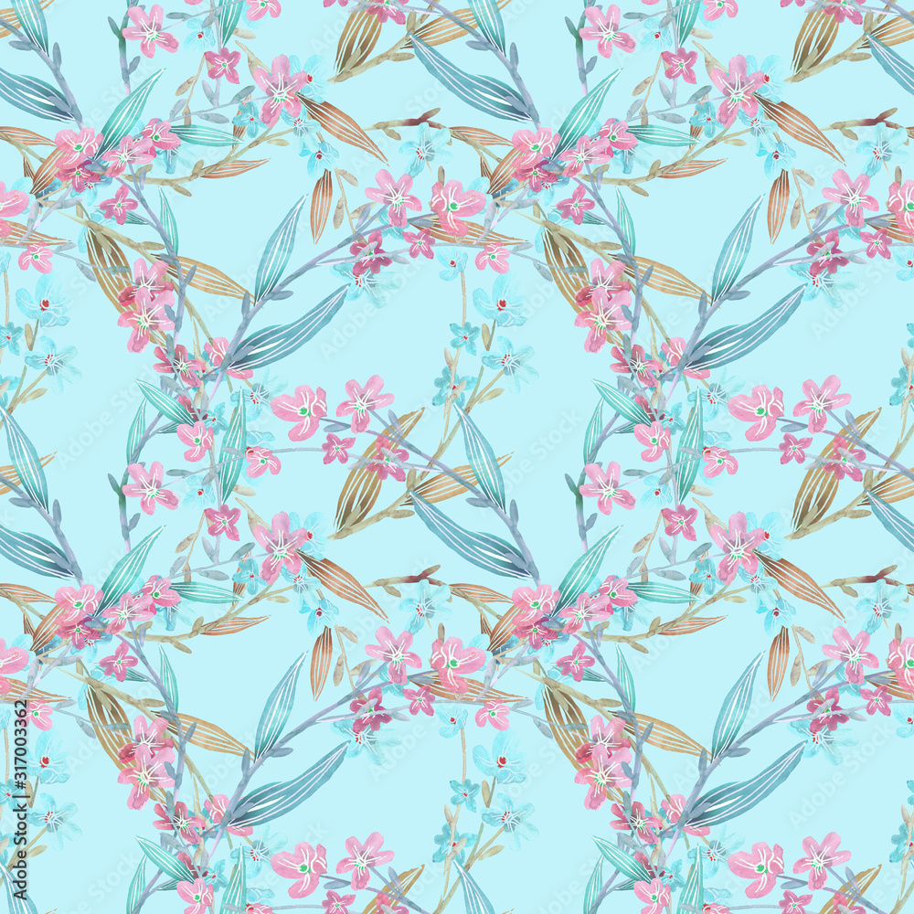 Floral Seamless Pattern. Waterolor Illustration. Hand Painted Template. 