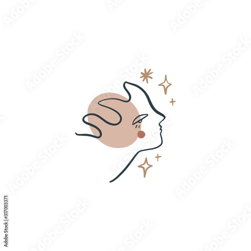 Continuous Line Drawing Fashionable Abstract Illustration Feminine Girl Face Stylish Fashion Art Minimalism Modern Design Concept Vector