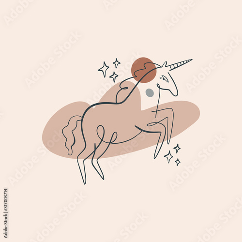 Terracotta Beige Blush Mid-Century Cute Line Art Unicorn Poster Vector