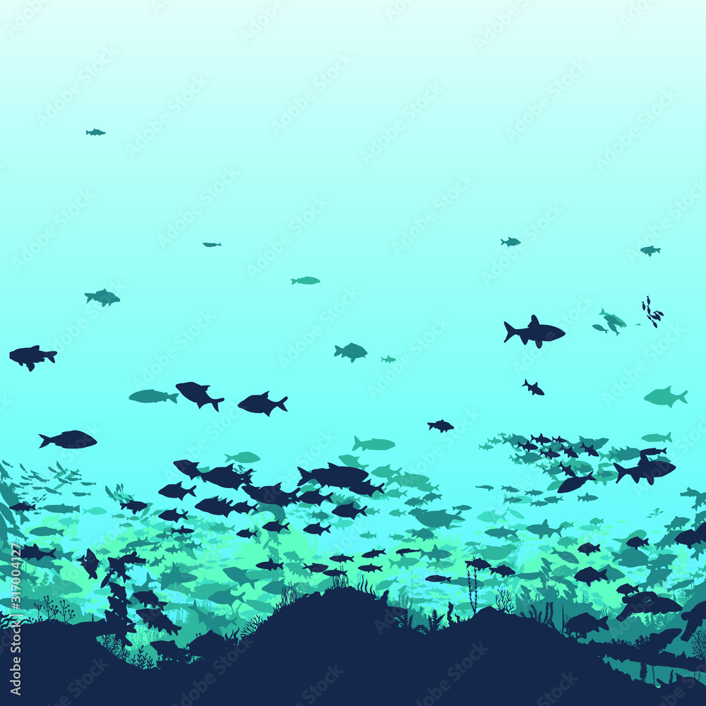 Silhouette of fish and algae on a reef background. Underwater scene of the ocean. Deep blue water, coral reef and underwater plants. beautiful underwater scene; vector landscape with a reef. Silhouette of fish and algae on a reef background. Underwater scene of the ocean. Deep blue water, coral reef and underwater plants. beautiful underwater scene; vector landscape with a reef.