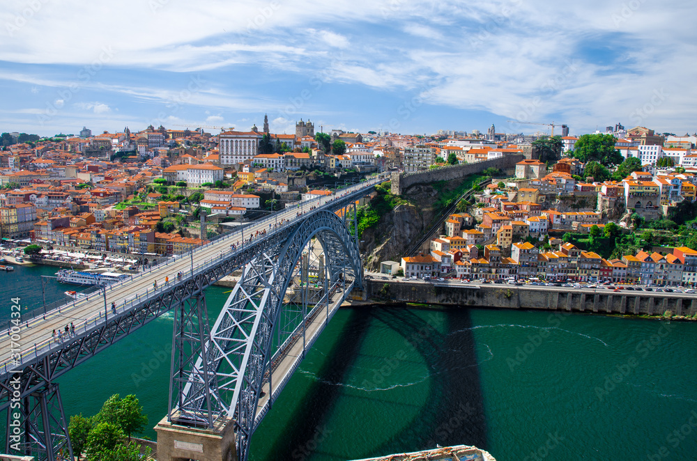 Portugal  Porto panorama, panoramic view of The Eiffel Bridge, Ponte Dom Luis,  Bridge Ponti Di Don Luis, Douro river, Porto by the river, panoramic view of Porto city, old town of Porto