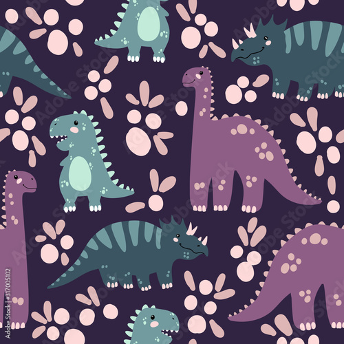 Vector seamless pattern with cute dinosaurus in flat cartoons style. Childish repeated background with funny dinosaurs in kids doodle style.