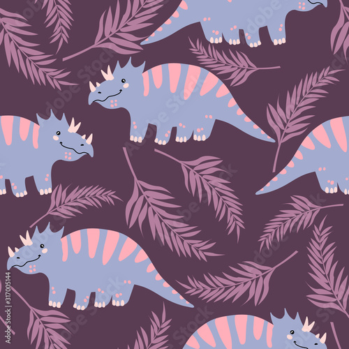 Vector seamless pattern with cute dinosaurus with tropical leaves in flat cartoons style. Childish repeated background with funny dinosaurs in kids doodle style.