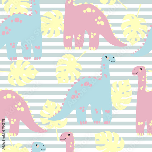 Vector seamless pattern with cute dinosaurus with tropicals leaves on stripes background in flat cartoons style. Childish repeated background with funny dinosaurs in kids doodle style.