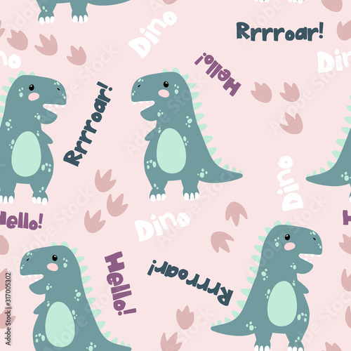 Vector seamless pattern with cute dinosaurus onpink background with text dino, roar and hello in flat cartoons style. Childish repeated background with funny dinosaurs in kids doodle style.