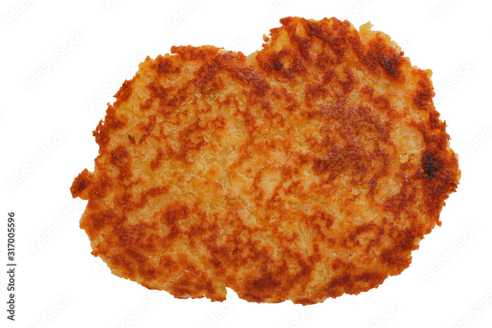 Fried cutlet or pancake with a crispy crust on a white background, top view