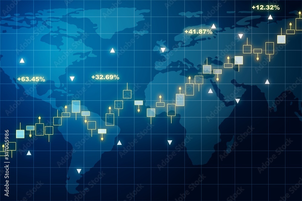 Front view growing financial graph with candlesticks on a world map background. Investment and profit concept. 3D Rendering