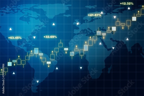 Front view growing financial graph with candlesticks on a world map background. Investment and profit concept. 3D Rendering