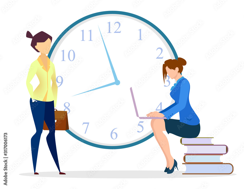 Teamwork females cooperation for time management best service. Woman character working with laptop and notebooks. Employees colleagues communicating with computer near clock symbol on white vector